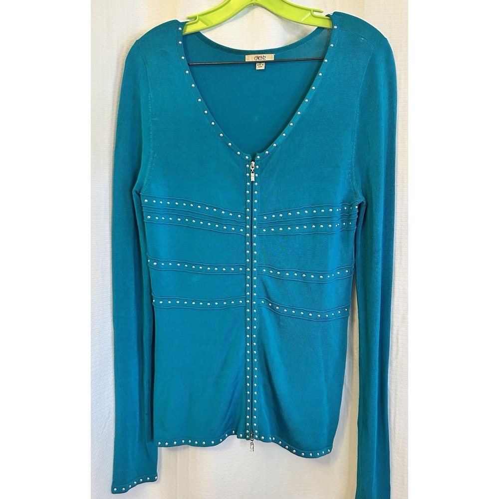 Cache Y2K VTG  Teal Blue Jeweled Dual Zip Embellished Studded Cardigan Sz M